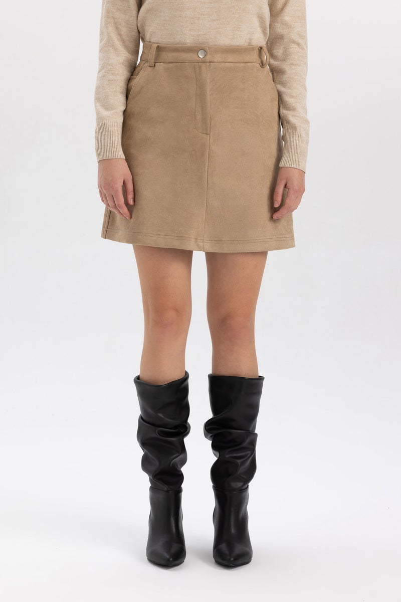 DeFacto Beige Woman A Cut Suede Normal Waist Mini Knitted Skirt Casual - Image 4